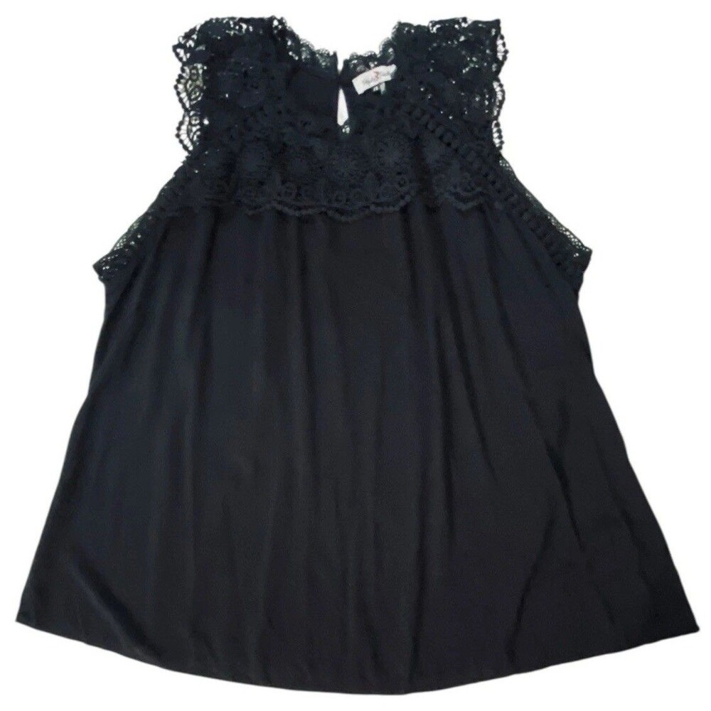 Perfectly Priscilla Womens 1X Black Lace Trim Sleeveless Top Keyhole